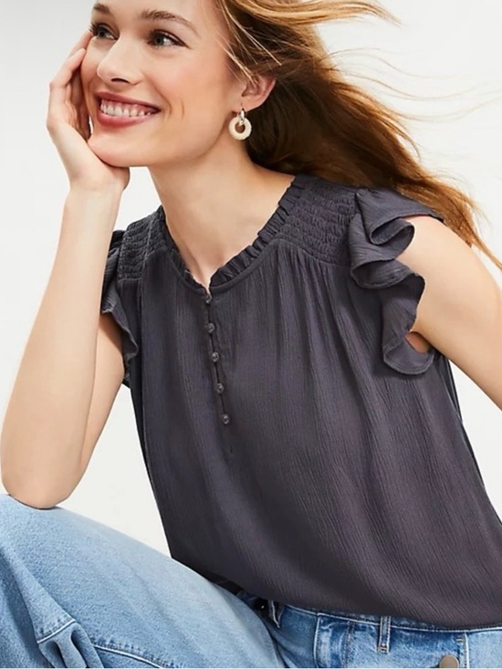 LOFT Tops - LOFT Gray Button Ruffle Neck Top